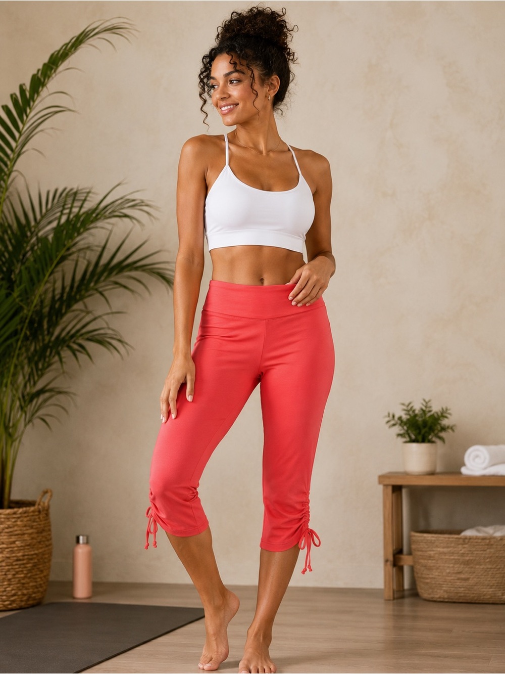 Sunday Coral Pink Ruched Hem Capri Leggings XL Stretch Yoga Activewear